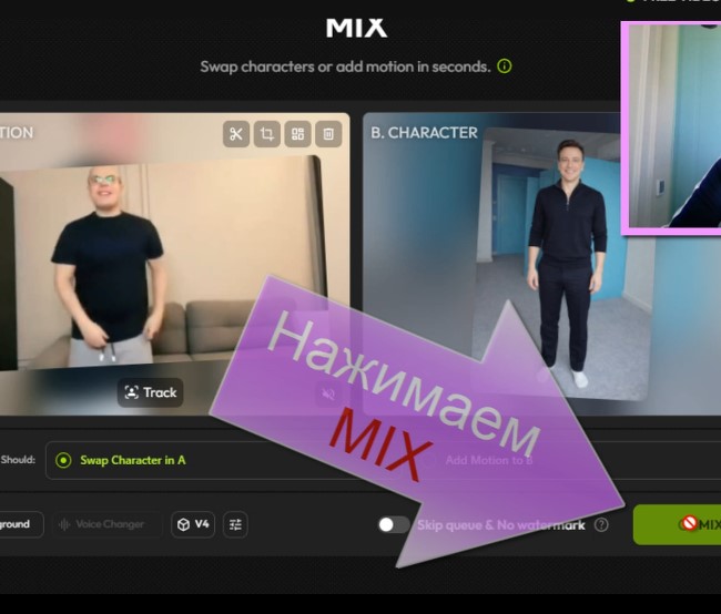 кнопка оживления в viggle называется MIX